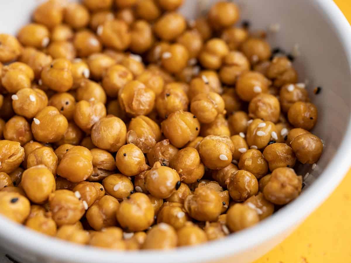 close up side view of air fryer chickpeas.