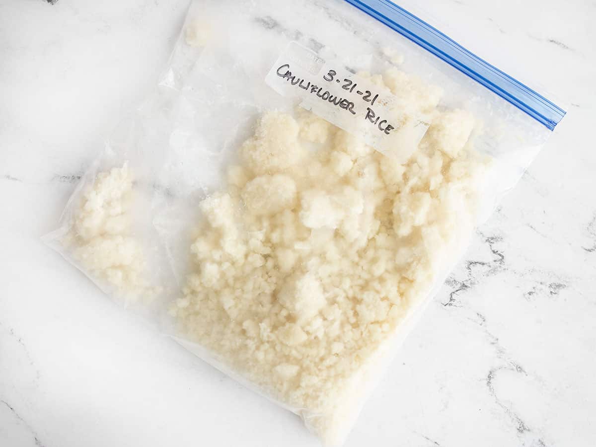 Frozen cauliflower rice in a freezer bag