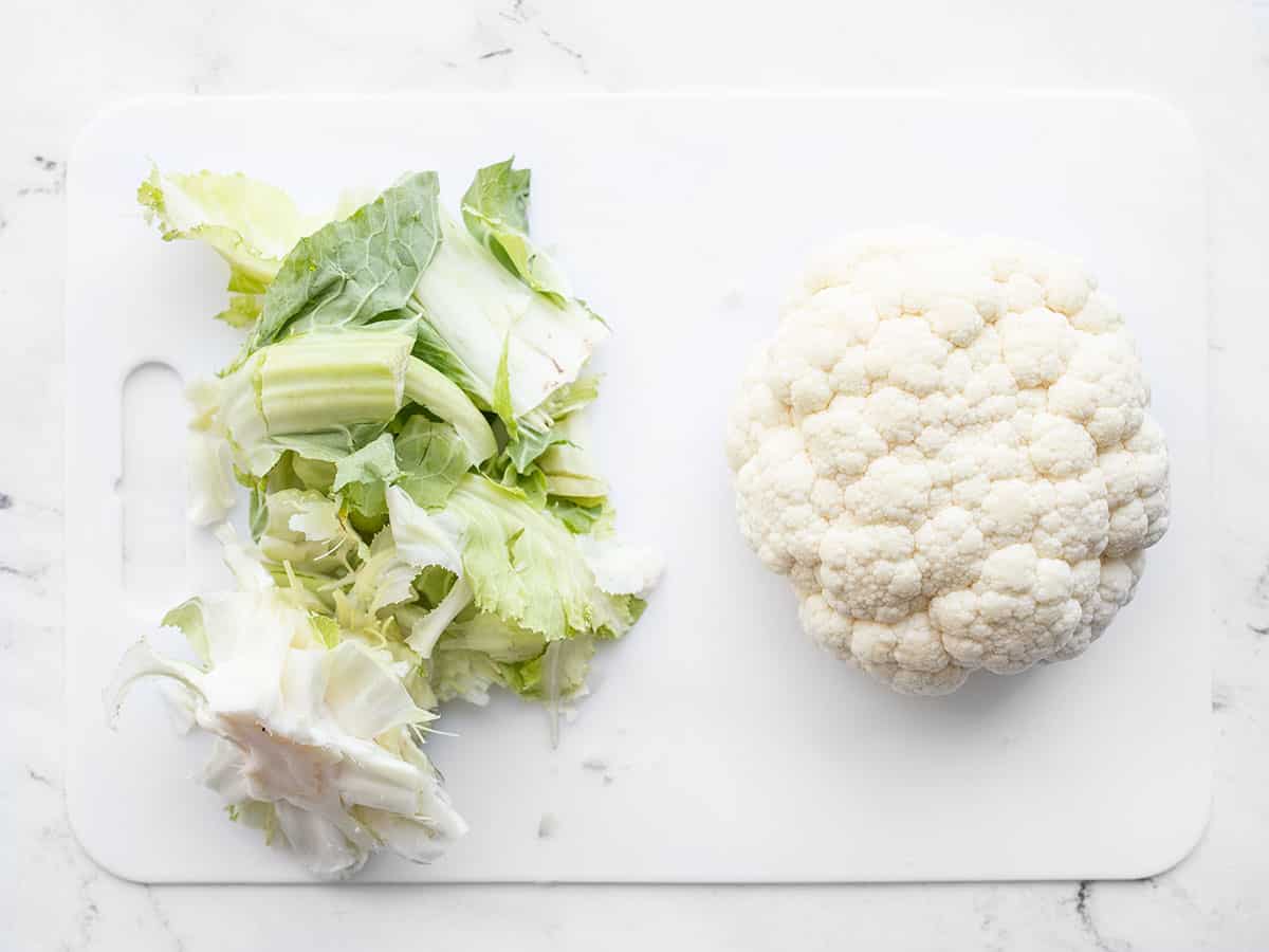 Stem and leaves removed from cauliflower head
