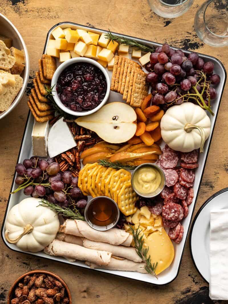Overhead view of a Thanksgiving grazing board