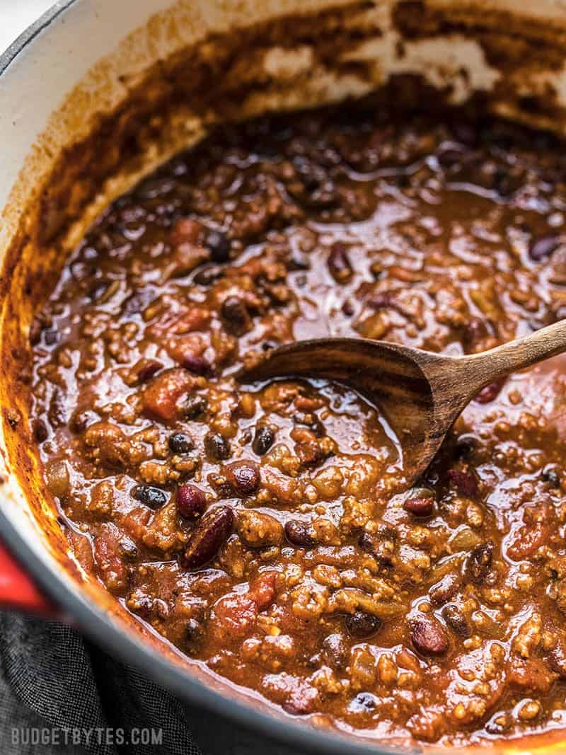 Close up of a pot of Homemade Chili