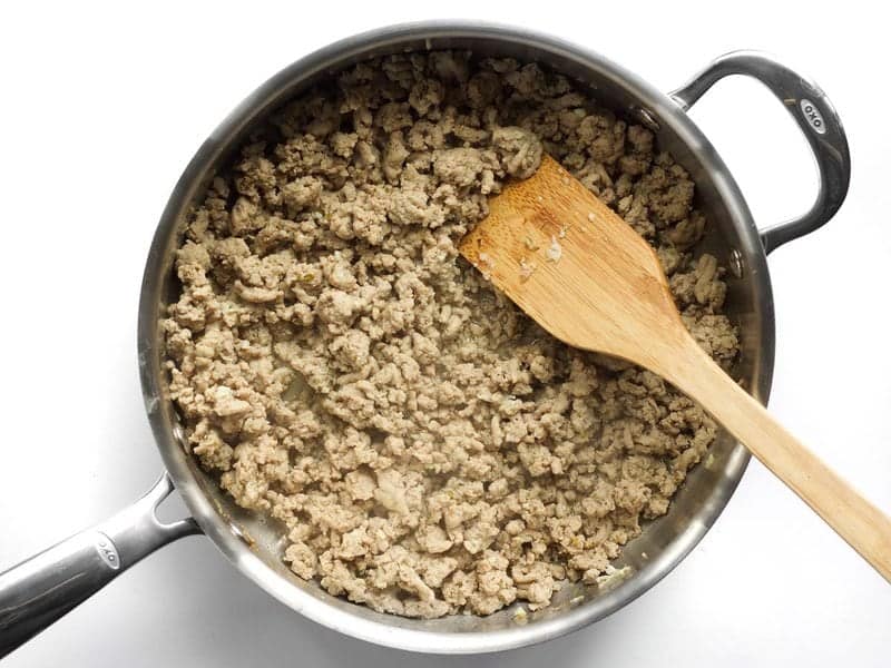 Browned ground turkey in the skillet