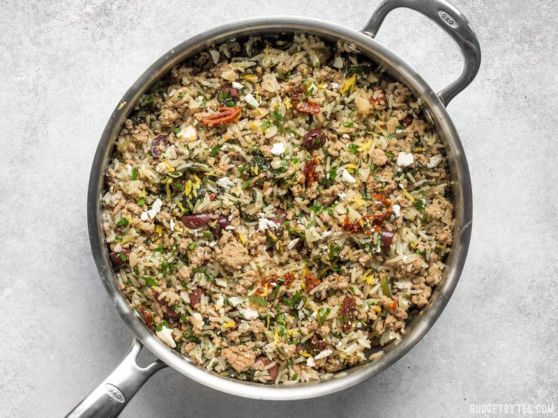 Greek Turkey and Rice Skillet finished with feta on top