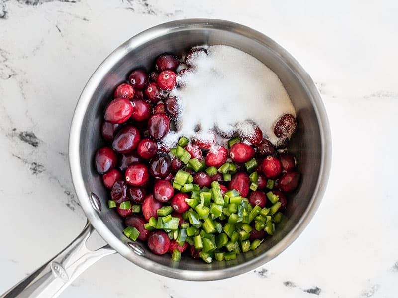 Cranberry sauce ingredients in the sauce pot
