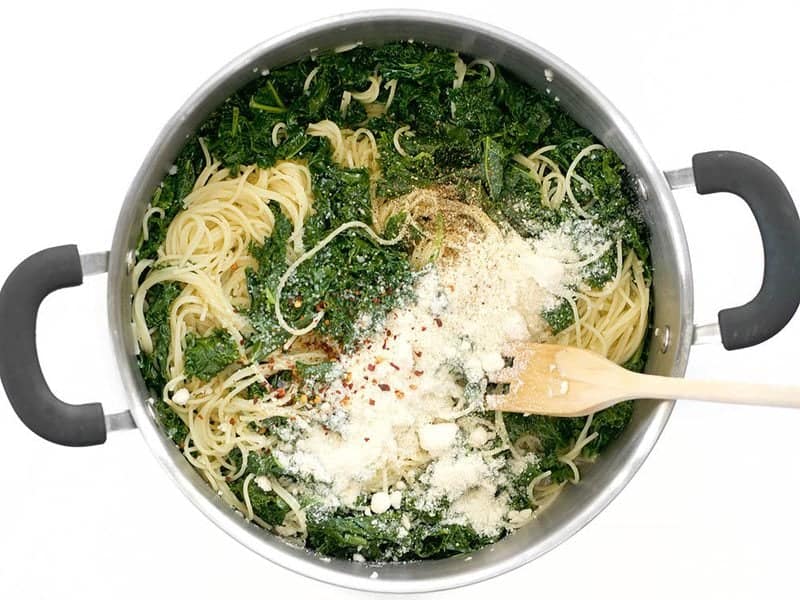 Add Parmesan and Red Pepper to pasta and kale