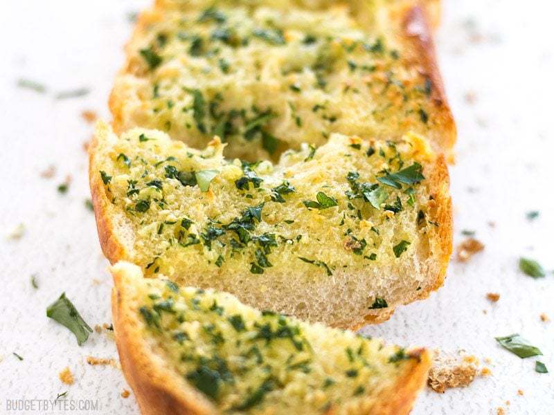 Close up front view of Homemade Garlic Bread, sliced