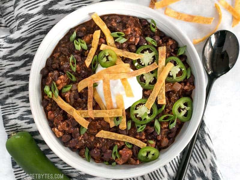 Serve Weekninght black bean chili with a side of Jalapeo Cheddar Cornbread.