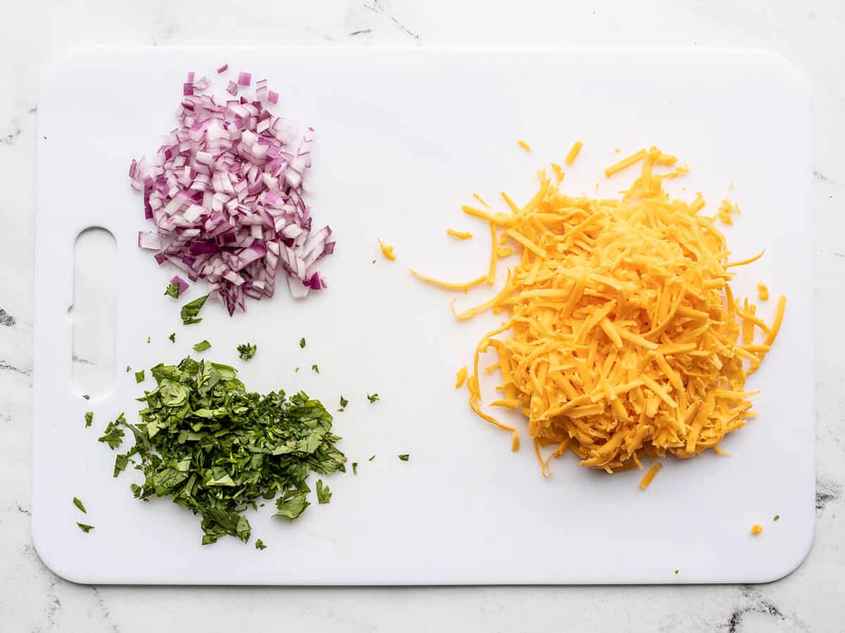 Prepared toppings: red onion, cilantro, and cheddar