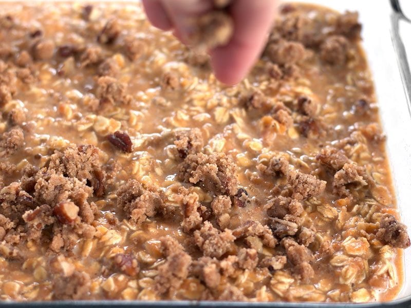 Add Pecan Crumble Topping to unbaked sweet potato casserole oatmeal