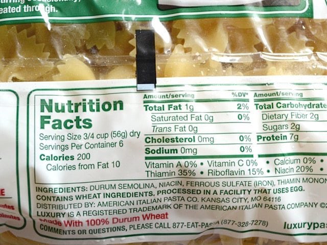 nutrition label on package of bowties