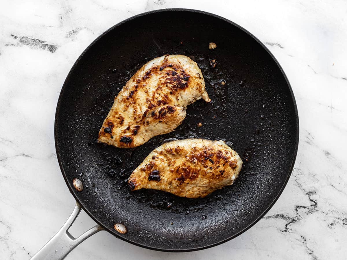 Cooked chicken in a skillet