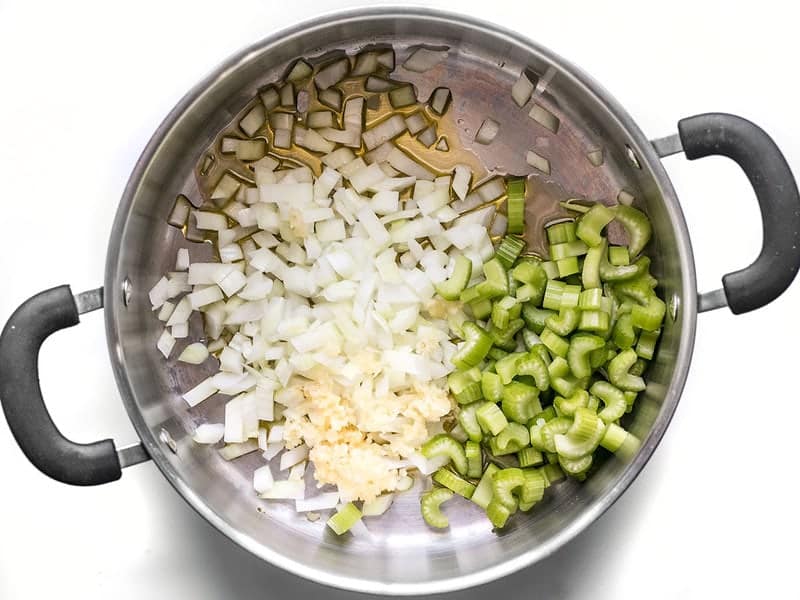 Sauté Onion Celery and Garlic on soup pot