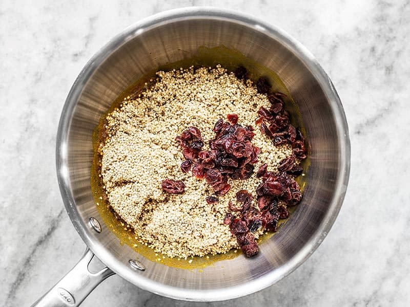 Rinsed Quinoa and Dried Cranberries in Pot