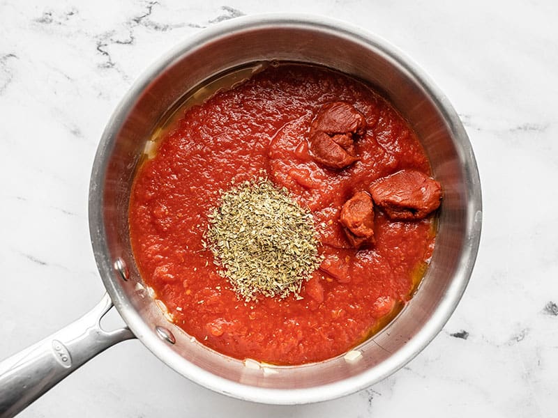 Red sauce ingredients in the pot