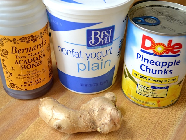 pineapple ginger lassi ingredients on counter top 