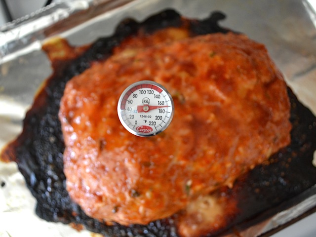 baked turkey meatloaf with thermometer to check temp 