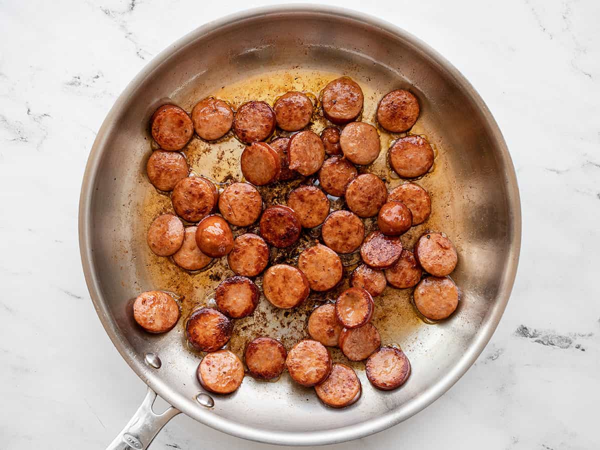 Cooked sausage in a skillet