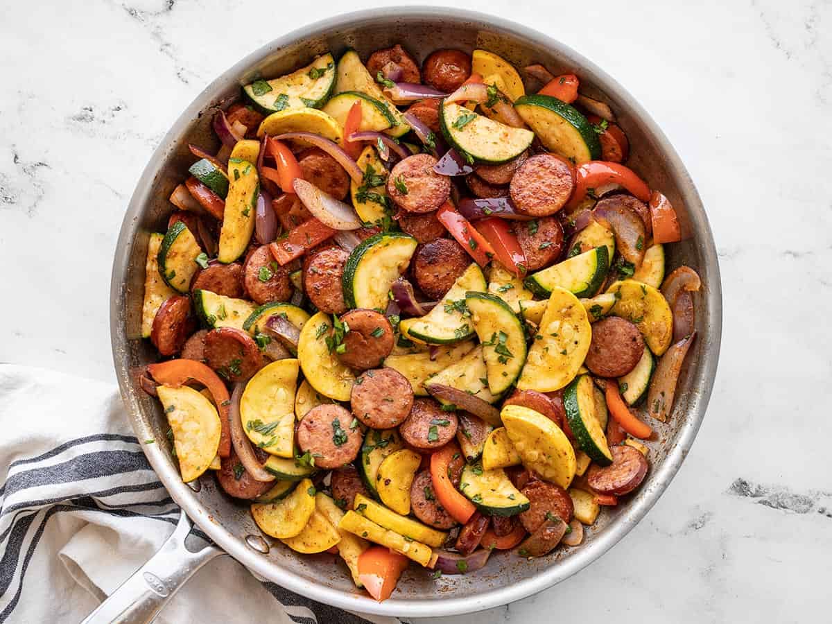 Finished Cajun sausage and vegetables in the skillet