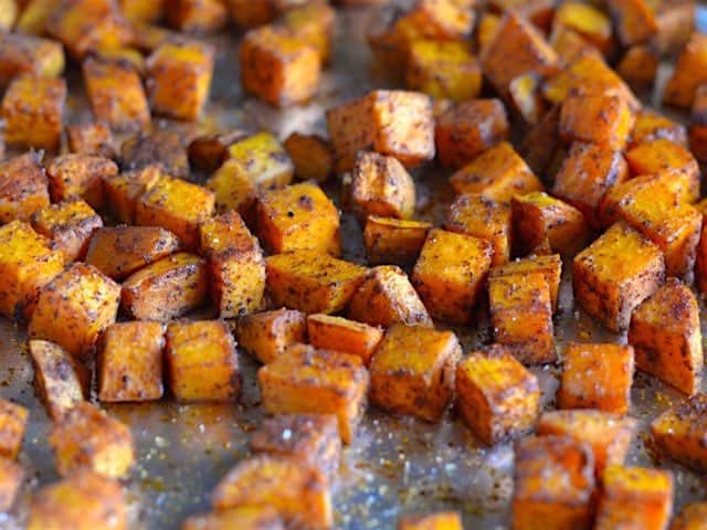 Roasted Sweet Potatoes on the baking sheet
