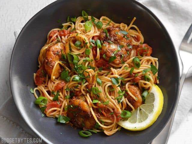 Blackened Shrimp Pasta in a bowl seen from above