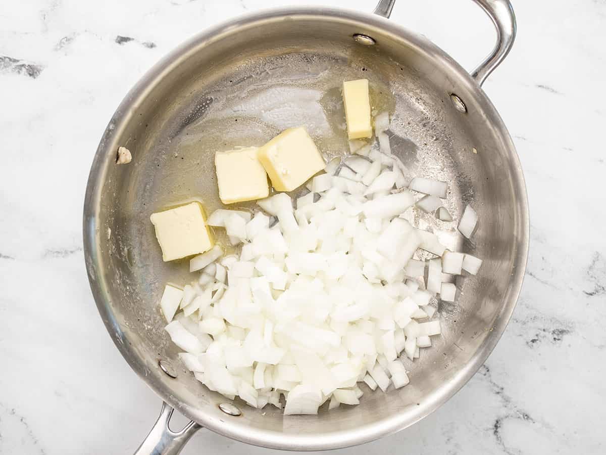 Diced onion and butter in a deep skillet.