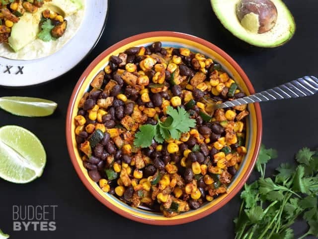 Top view of a bowl of Roasted Corn & Zucchini Taco filling 