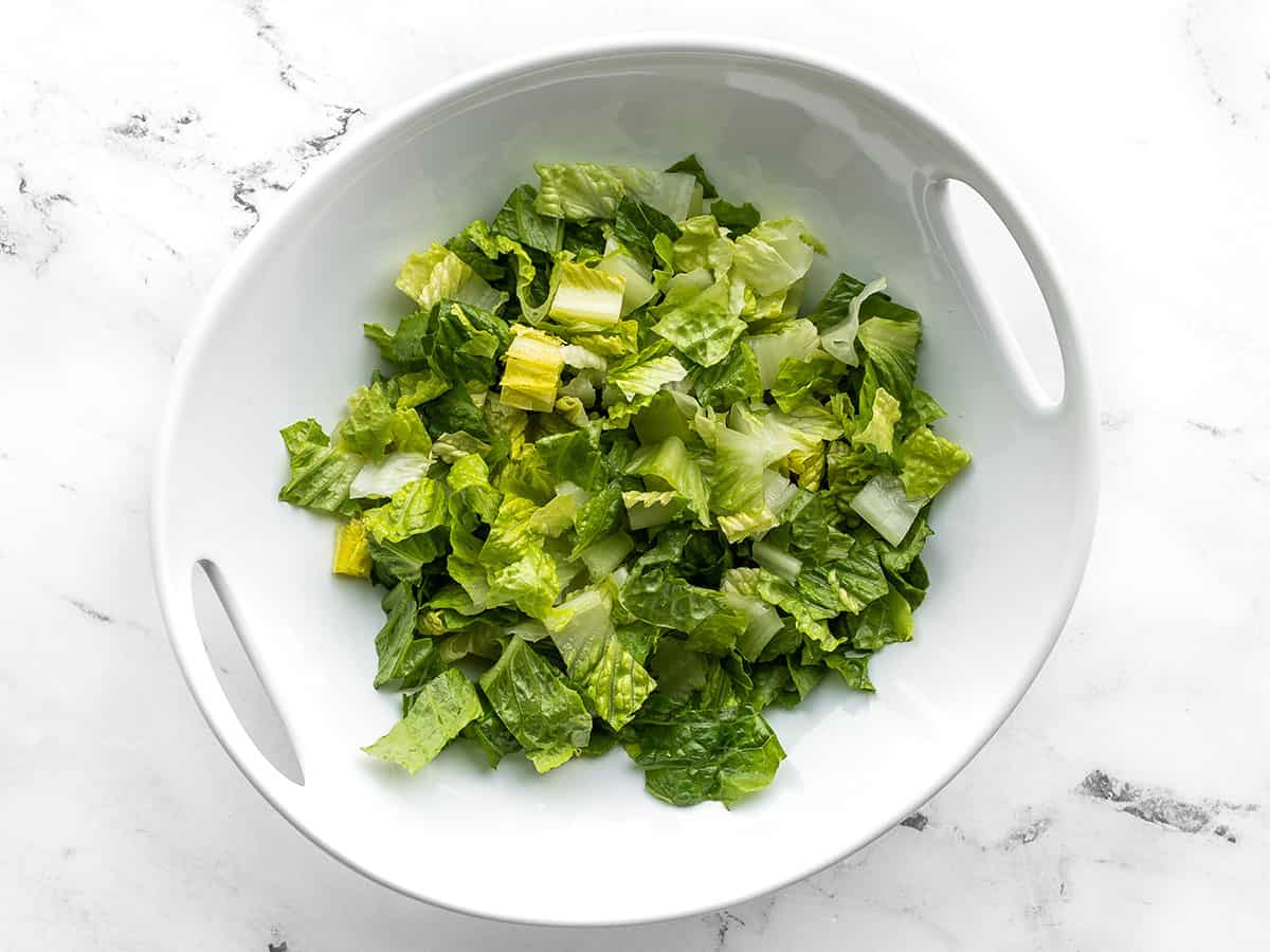 Chopped Romaine lettuce in a serving bowl
