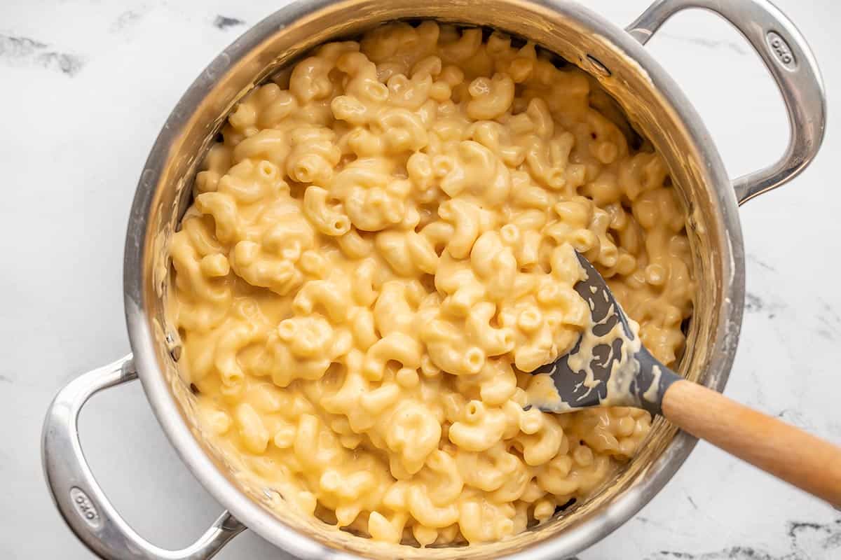 Overhead view of homemade mac and cheese in the pot