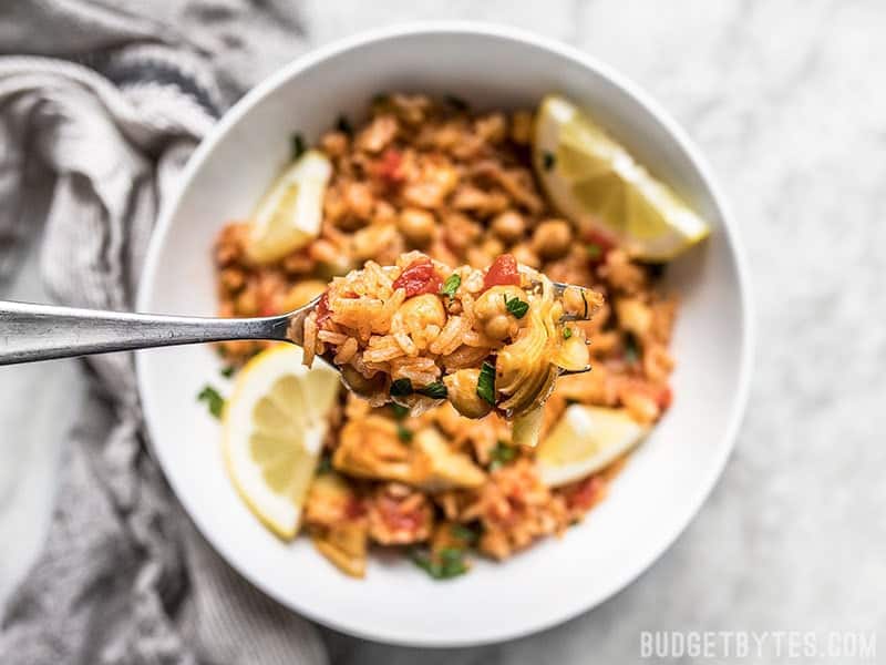 A forkful of flavorful and filling Rice Cooker Spanish Chickpeas and Rice