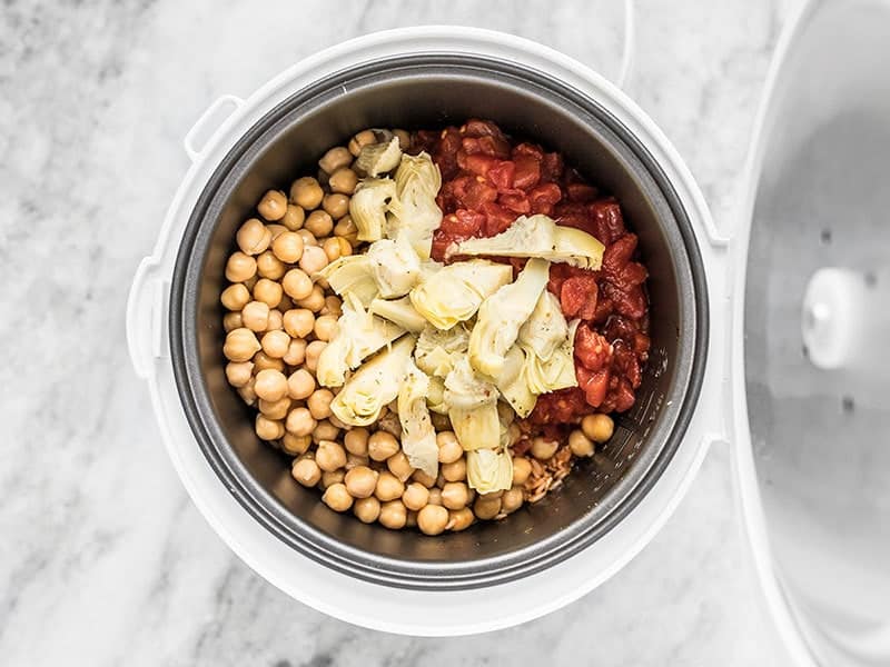 Add Chickpeas Tomatoes and Artichoke Hearts to Rice Cooker