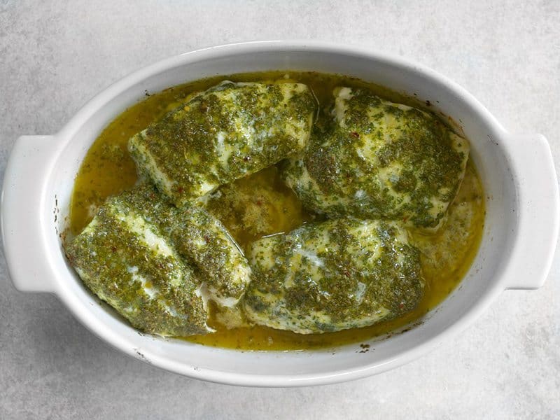 Baked Chimichurri Fish in the casserole dish