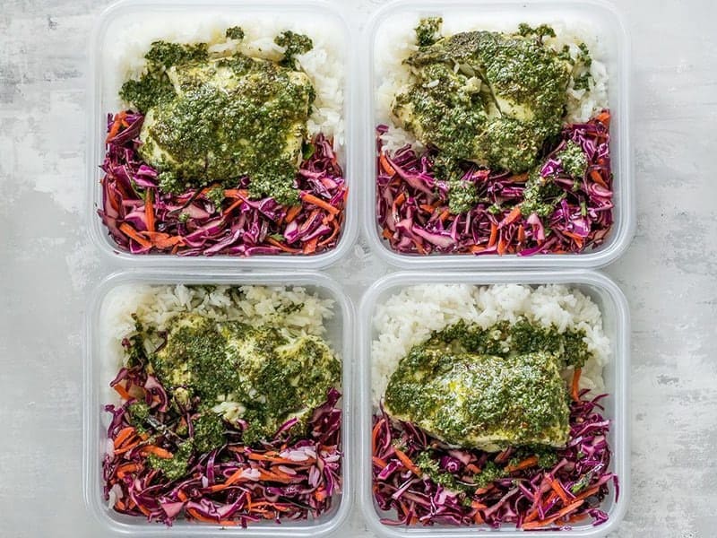 Baked Chimichurri Fish Bowls in meal prep containers